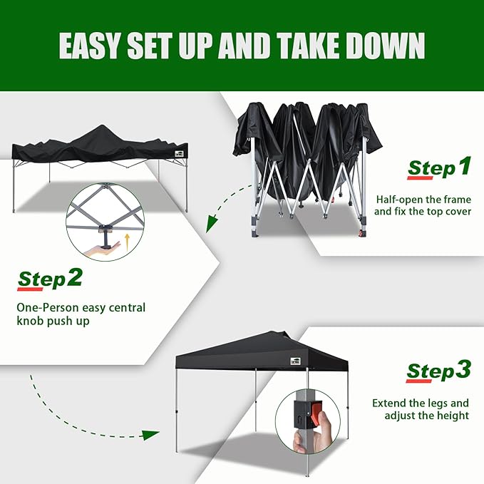 Eurmax USA NOMATTER ONE-Person Open&Close 10x10ft Pop Up Canopy Tent,Portable Shelter Canopy for Outdoor Events,Instant Canopies, Temporary Sunshade,Bonus 4 Sand Bags(Black)
