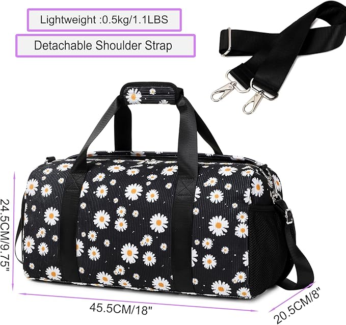 Dance Bag for Girls Corduroy Kids Duffel Bag Ballet Bag for Girls Teen Women Sports Gym Bag Water Resistant Travel Duffle Bags with Shoes Compartment(black daisy)