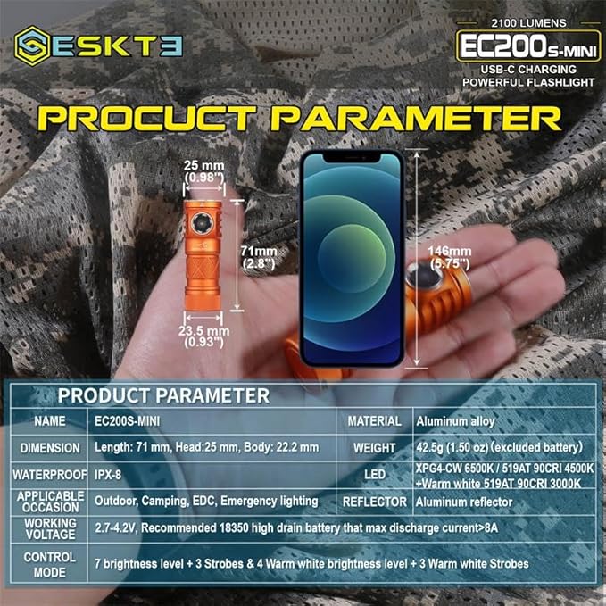 SKILHUNT EC200S-Mini 1400+570 lumens Dual Channel Powerful EDC USB-C Rechargeable LED Flashlight - Lightweight, Compact Pocket Light Camping Hiking Running Waterproof Outdoor (High CRI 4500K, Brown)