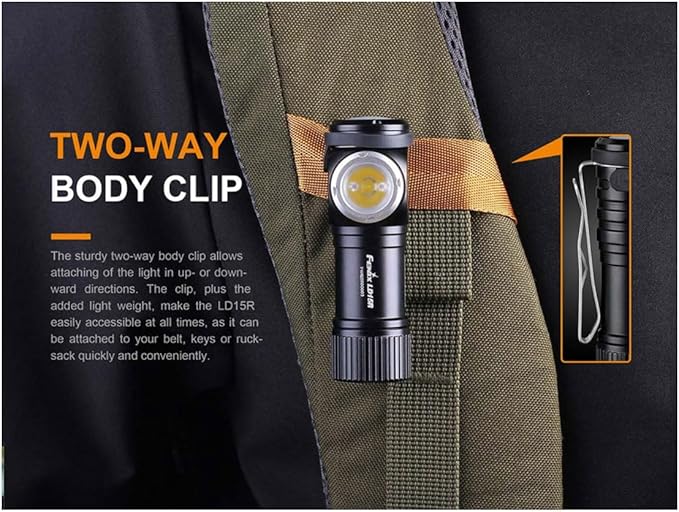 Fenix Flashlights, LD Series LED Flashlight, Model 15R, Right Angled Rechargeable, 500 Lumens, Black
