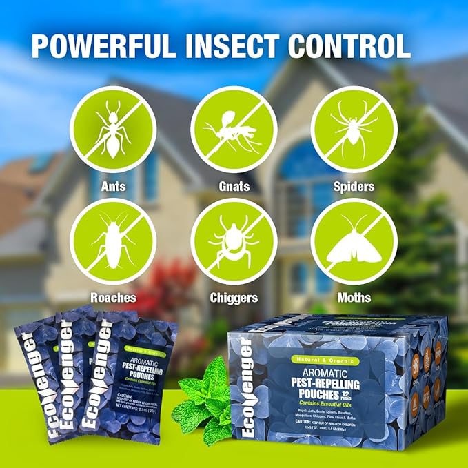 EcoVenger Pest Control Aroma Sachets 12-Pack Pouches, Natural Insect Repellant, Moths, Mosquitoes, Spiders, Roaches, Lasting Deterrence, Peppermint/Cedar/Lamongrass Safe Around Children & Pets