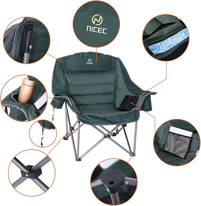 Nice C Camping Chairs, Oversized XL Padded Camping Chair, Outdoor Chair, Camp Chair, Lounge Chair, Wide&Thick, Heavy Duty 400lb, Carry Bag, Cupholder & Cooler (One Green)