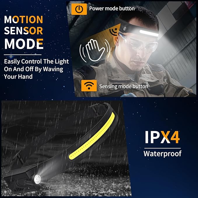 Headlamp 3PCS, 230° Wide Beam Head Lamp, Motion Sensor LED Headlamp Rechargeable, 6Mode Headlamps for Adults, Bright Head Lights for Forehead, Camping Essentials Gear (Orange)
