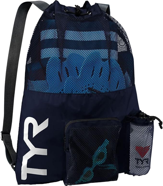 TYR Big Mesh Mummy Backpack for Swim, Gym and Workout Gear, Black, 40-Liter Capacity