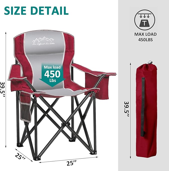 Camping Chair with Cooler Bag, Cup Holder, Storage Pocket, Heavy Duty 450lbs Capacity with Large Anti-Sink Feet, Portable Folding Padded Chair for Outdoor, Beach, Fishing, Sports, Red 2Pack