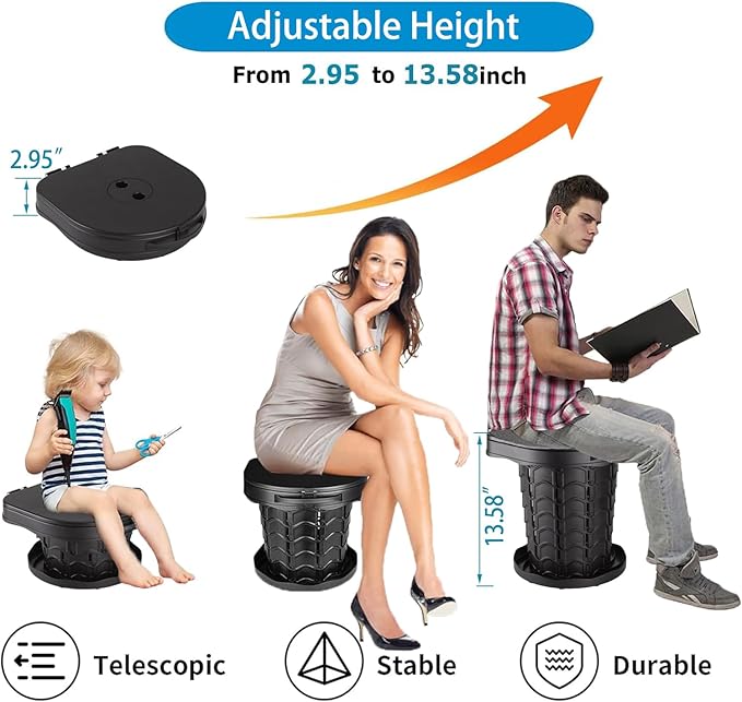 Fishboy Upgraded Portable Toilet for Camping, Adjustable Retractable Outdoor Toilet, Travel Potty with Carrying Handle and Storage Bag for Adults Kids for Hiking, Trips, Tent, Boat, Beach (Black)