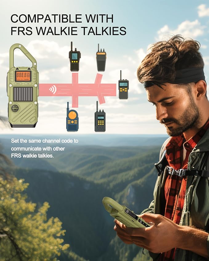 Rechargeable Adult Walkie Talkie with Emergency Solar Hand Crank Charging with FM/NOAA,Weather Alert,LED Flashlight-USB Charging and SOS Siren Long Range 2-Way Radio