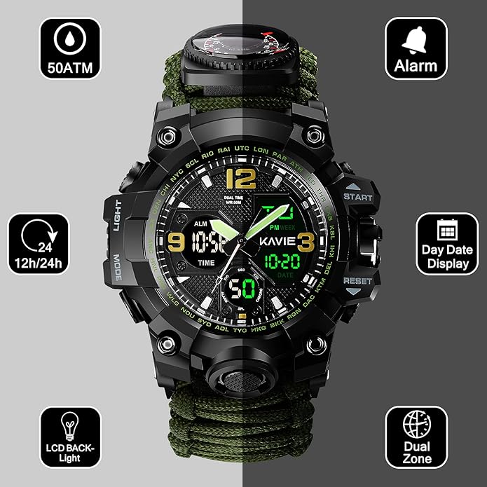 23-in-1 Survival Military Digital Watch, Mens Tactical Multi-Functional and Adjustable Wristband Outdoors Waterproof Sports Dual Dial Watches with Compass Paracord Band