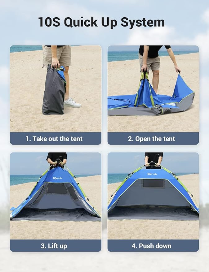 Pop Up Beach Tent Sun Shade Shelter for 3-4 Person with UPF 50+, Lightweight & Easy Setup, Vent Windows & Zippered Door, Extended Floor Family Instant Beach Tent