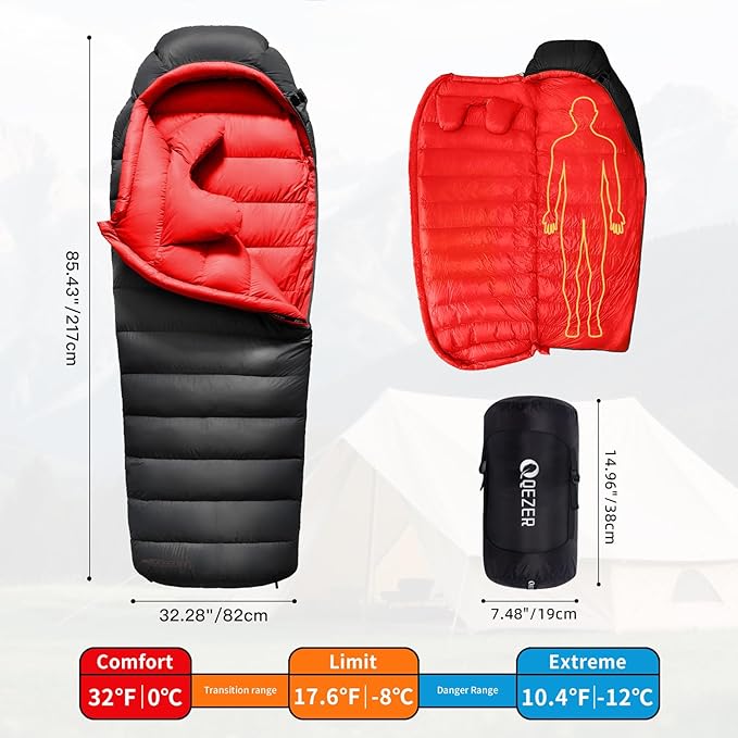 Down Sleeping Bag for Adults 620 Fill Power 0 Degree Sleeping Bag Cold Weather Ultralight with Pouch for Backpacking, Camping, Hiking