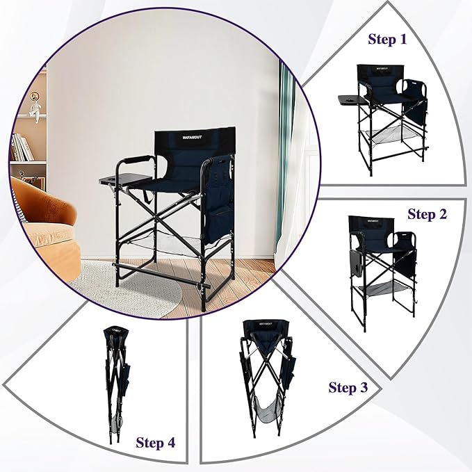 Tall Folding Directors Chair with Side Table 30.71" Seat Height Foldable Camping Chair Bar Stool for Makeup Artist Face Painting with Footrest and Storage Pocket Supports 350LBS