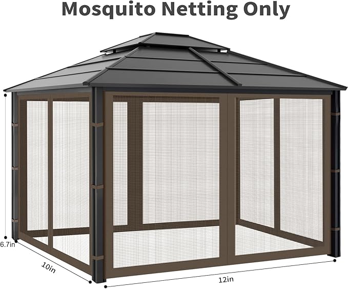 Gazebo Replacement Mosquito Netting Outdoor Universal Gazebo Canopy 4-Panels Screen Sidewalls with Zipper for Patio Garden (Coffee, 10x12)
