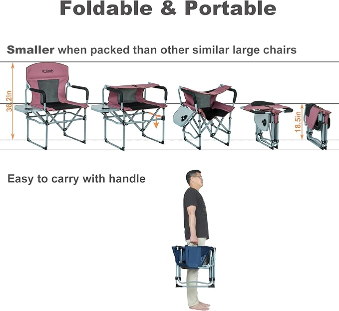iClimb Heavy Duty Compact Camping Folding Mesh Chair with Side Table and Handle