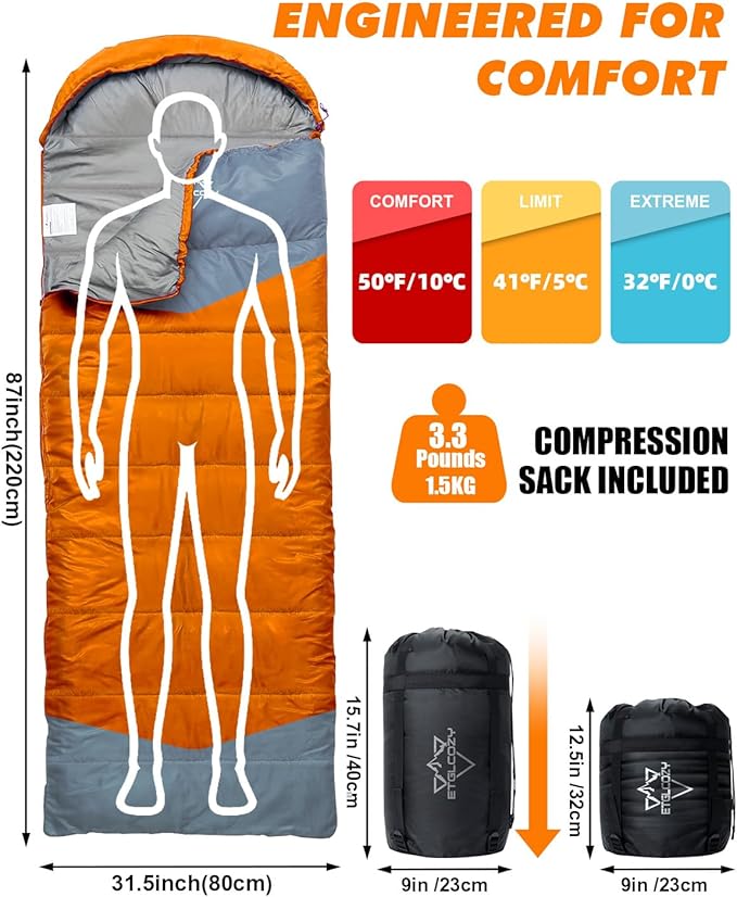 Sleeping Bag for Adults Cold Weather & Warm, Lightweight Backpacking Camping Hiking Essentials Gear for Kids 10-12 Girls Boys Compact w/Compression Sack Indoor Outdoor Sleep Must Haves