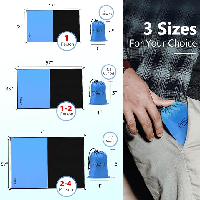 Frelaxy Pocket Picnic Blanket, Waterproof Beach Blanket, Compact Camping Blanket, Lightweight Outdoor Blanket for Beach Festival Camp Picnic Hiking Travel, 35'' x 57'', Blue