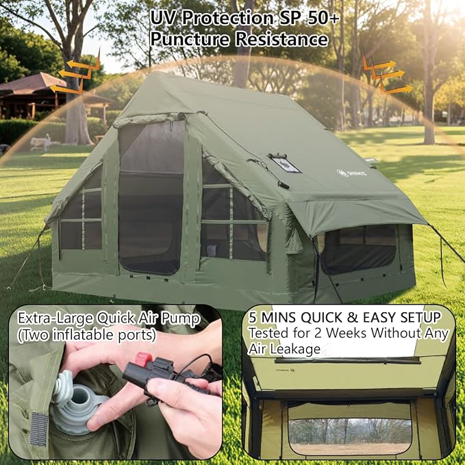 Inflatable Tent for Camping Large Blow Up Tents Glamping 4-8 Person House 4 Season Air with Pump Easy Set up Waterproof Outdoor Oxford