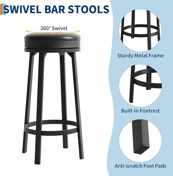 IDEALHOUSE 30'' Swivel Bar Stools Set of 2 with Footrest, Modern Counter Height Barstools with PU Leather Upholstered and Metal Frame, Backless Round Bar Stools for Kitchen Island, Black
