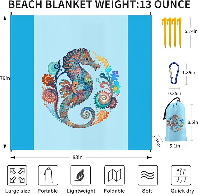 Large Beach Blanket Waterproof Sandproof 79"x 83" for 1-4 Adults,Quick Drying Beach Mat,Lightweight & Durable,Beach Essentials for Family Beach Camping Travel Picnic (Sea Horse)