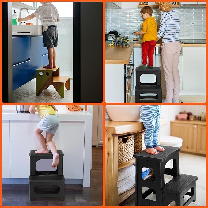 2-Step Folding Step Stool, Foldable & Dual Heights (8”/17”) | Non-Slip, Lightweight & Portable, Supports Up to 300 lbs, Ideal for Home, Office, Kitchen, RV, Boat Boarding & Camper Use
