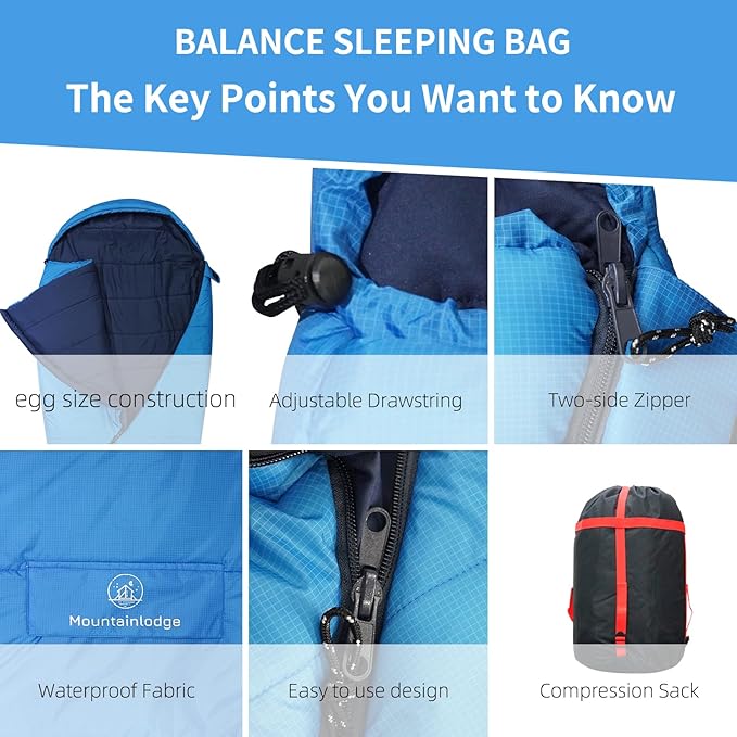 Mountainlodge Balance Sleeping Bag for Adult,Cold&Warm Weather with Compression Sack and Water Resistant for Family Camping,Travel and Car Camping