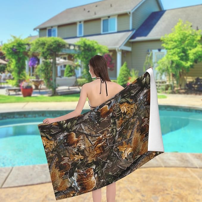 Camo Beach Towel Hunting Deer Bear, Aldult Quick Dry Camping Bath Towel, Absorbent Thin Lightweight Beach Blanket for Sports Travel Pool Swimming Bathroom 30 x 60 in