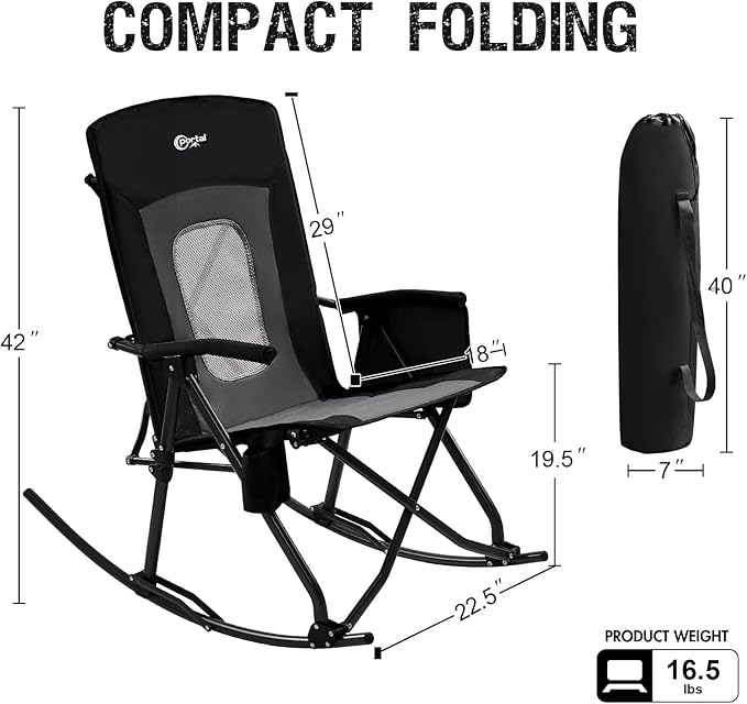 PORTAL Oversized Folding Rocking Camping Chair Portable Outdoor Rocker with High Back Hard Armrests Carry Bag, Supports 400 lbs