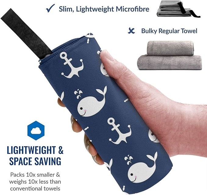 Nautical Whale Microfiber Travel Towel Quick Dry Swim Gym Towel 31.5 X 15.8 Inch Absorbent with Loop Hand Towels for Kids Adults Camping Hiking Sports