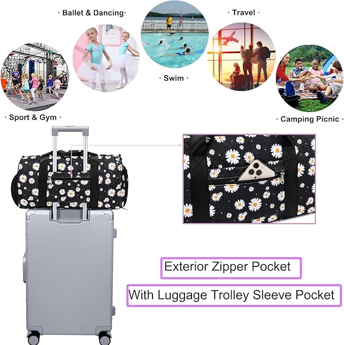 Dance Bag for Girls Corduroy Kids Duffel Bag Ballet Bag for Girls Teen Women Sports Gym Bag Water Resistant Travel Duffle Bags with Shoes Compartment(black daisy)