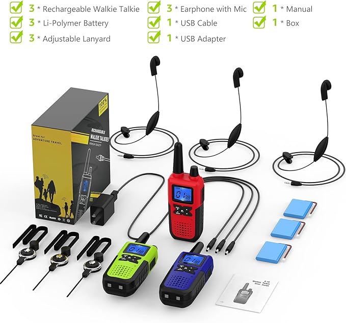3 Walkie Talkies for Adults Long Range Walkie Talkies Rechargeable - Long Distance Walkie Talkies 3 Pack Family 2 Way Radios Walkie Talkies with Earpiece and Mic Set USB Charger Battery NOAA Alert