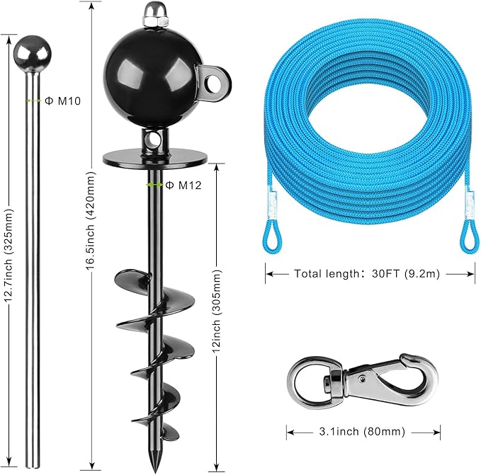 SELEWARE Dog Tie Out Stake Outdoor Anti-Rust Dog Anchor for Large Dogs up to 220 lbs Tie Out Rope Dog Leash 30 ft Long