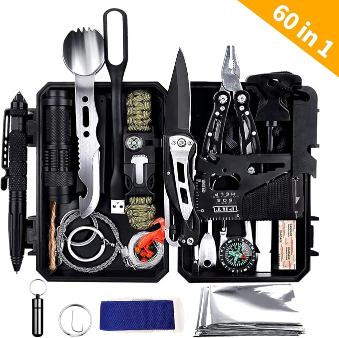 Emergency Survival Gear Kits 60 in 1, Outdoor Survival Tool with Emergency Bracelet Whistle Flashlight Pliers Pen Wire Saw for Camping, Hiking, Climbing,Car