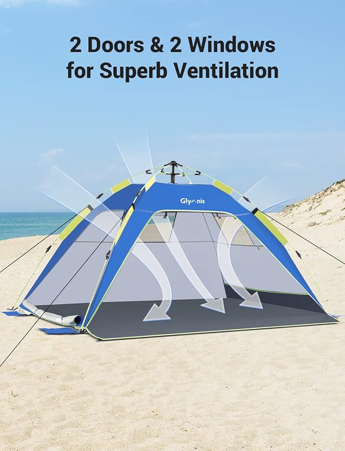 Pop Up Beach Tent Sun Shade Shelter for 3-4 Person with UPF 50+, Lightweight & Easy Setup, Vent Windows & Zippered Door, Extended Floor Family Instant Beach Tent