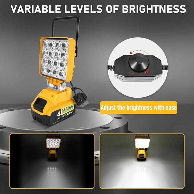 Portable LED Work Light for Dewalt 20v Battery,Dewalt Battery Light with Power Functionality and Rotating Stand,Rechargeable Flood Light,48W 4800LM Flashlight for Garage & Jobsite Lighting