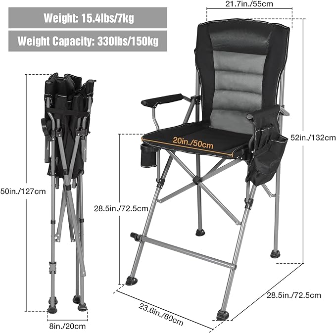 Extra Tall Folding Chairs for Adults 330lbs, Portable Bar Height Foldable Director Chairs for Camping Outside, Comfortable with Makeup Pocket, High Back and Footrest, Black