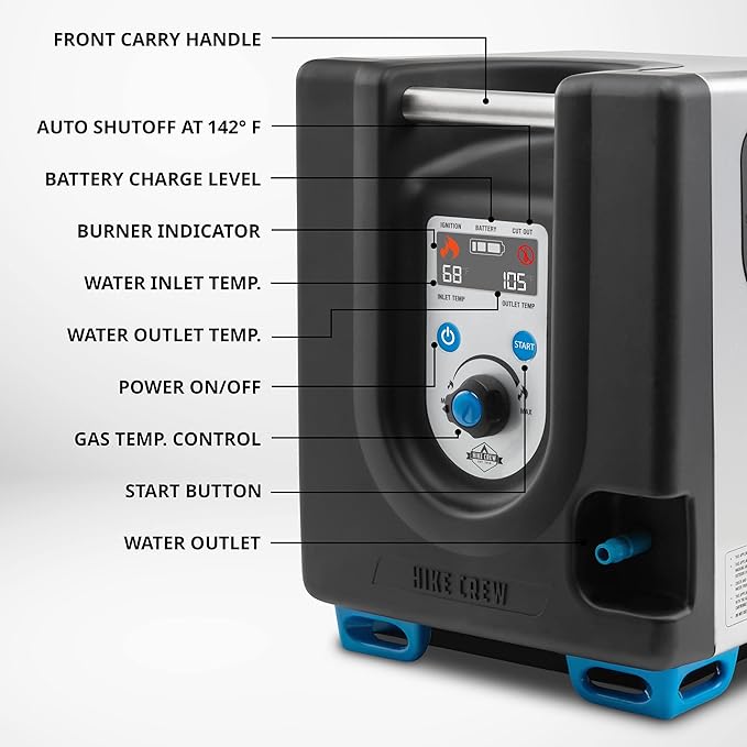 Hike Crew Portable Propane Water Heater & Shower Pump w/Built-in Battery | Compact Outdoor Cleaning & Showering System w/LCD, Safety Shutoff & Carry Case, Instant Hot Water for Camping & Hiking