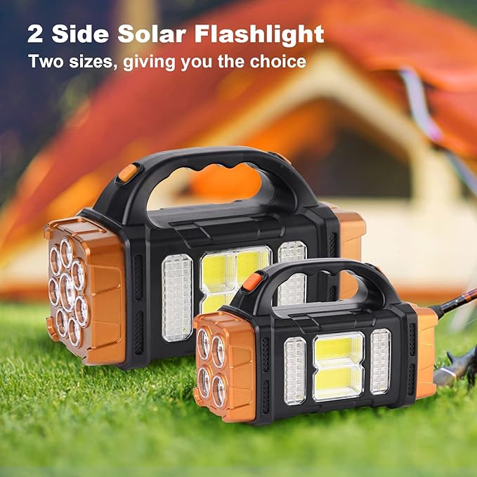 Two Side Solar Handheld Flashlight with COB Sidelight, High Bright 8 Modes Spotlight with USB Cable, Rechargeable Portable LED Searchlight for Outdoor Hunting Boating Camping Emergencies