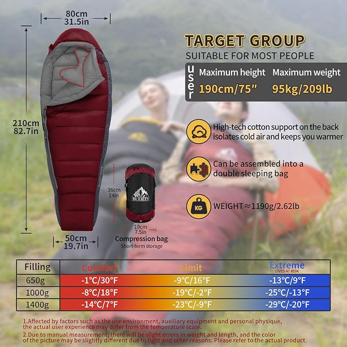 Down Sleeping Bag for Adults Cold Weather Ultralight & Compact 680FP Backpacking Sleeping Bag for Camping, Hiking, Mountaineering
