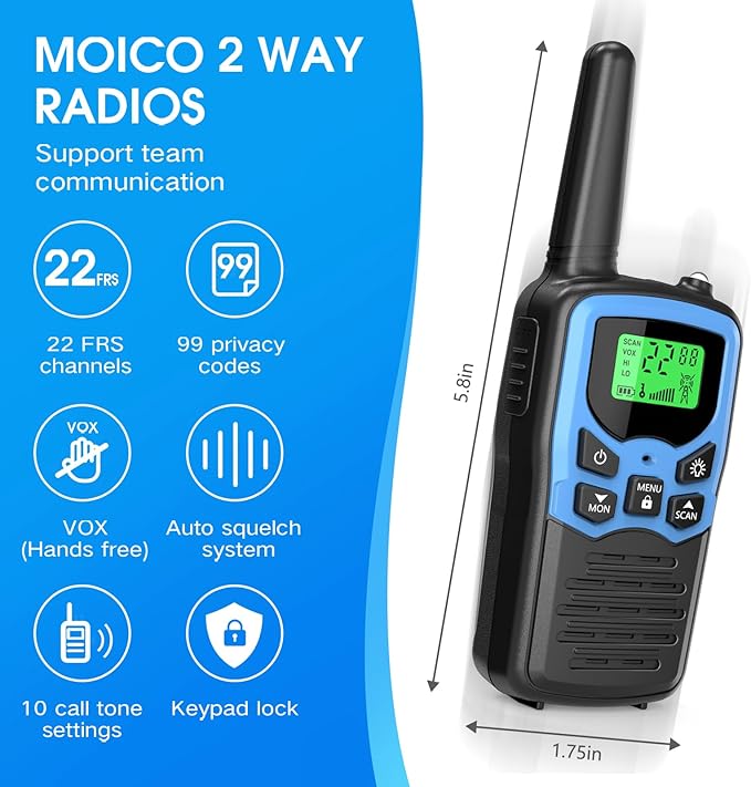 Walkie Talkies with 22 FRS Channels, MOICO Walkie Talkies for Adults with LED Flashlight VOX Scan LCD Display, Long Range Family Radios for Hiking Camping Trip (Blue, 4 Pack)