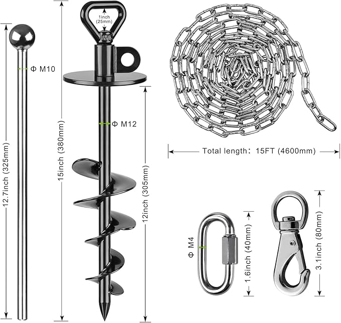 SELEWARE Dog Tie Out Stake Outdoor Anti-Rust Dog Anchor with Stainless Steel Dog Chain Leash for Large Dogs up to 220 lbs, Free Rotation Dog Stake Dog Camping Gear 15 ft Long