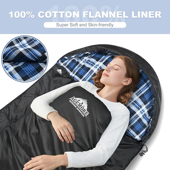 AGEMORE Cotton Flannel Sleeping Bag for Adults, Lightweight XXL Cotton Sleeping Bag for Camping Backpacking or Hiking, Water Resistant 3-4 Season Sleeping bag for Warm & Cool Weather