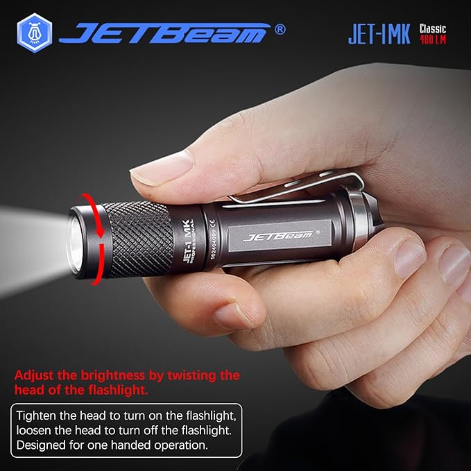 JETBeam I-MK LED Emergency Handheld Flashlight, 480 Lumen Mini Outdoor Flashlight for Hiking, Camping, Dog Walking, IPX-8 Water Resistant with 3 Modes