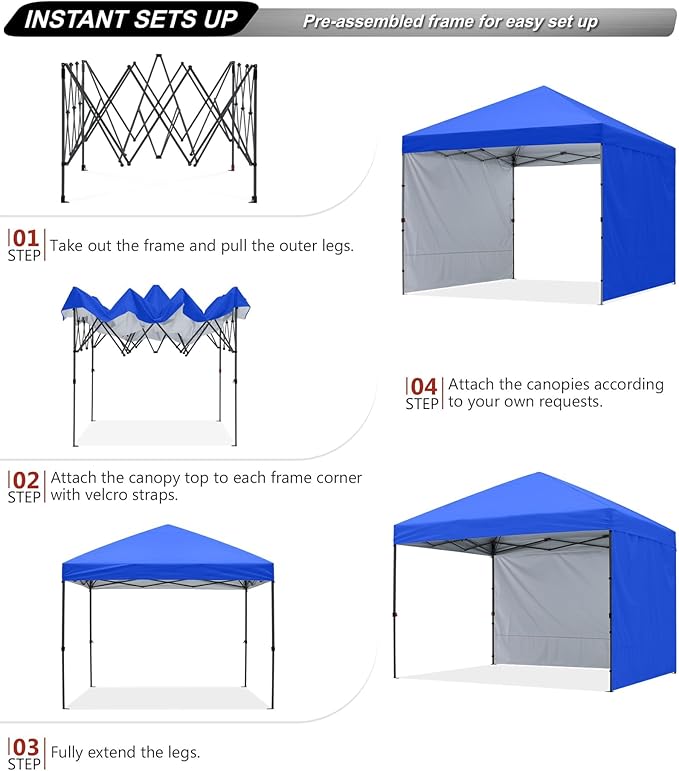 ABCCANOPY Easy Pop up Canopy Tent with 2 Sidewalls for Outdoor Sun Blocking or Rain Protection,10x10, Royal Blue