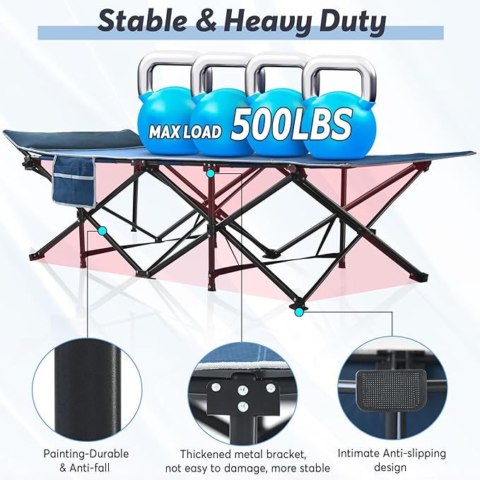 Slendor Oversized XXL Camping Cot, Folding Cot for Adults, 79" L x 32" W x 19" H Sleeping Cot with Mattress, Carry Bag, Camp Cot Bed for Travel, Guest, Support 500lbs, Blue Cot+ Blue Pad