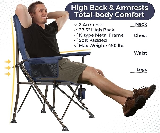 Large High Back Camping Chair for Adults - Oversized Comfortable for Tall People - Heavy Duty 450lbs Capacity K-Frame, Padded Seat & Armrests for Sitting Fishing Lawn Outside, Cup Holder (Blue)