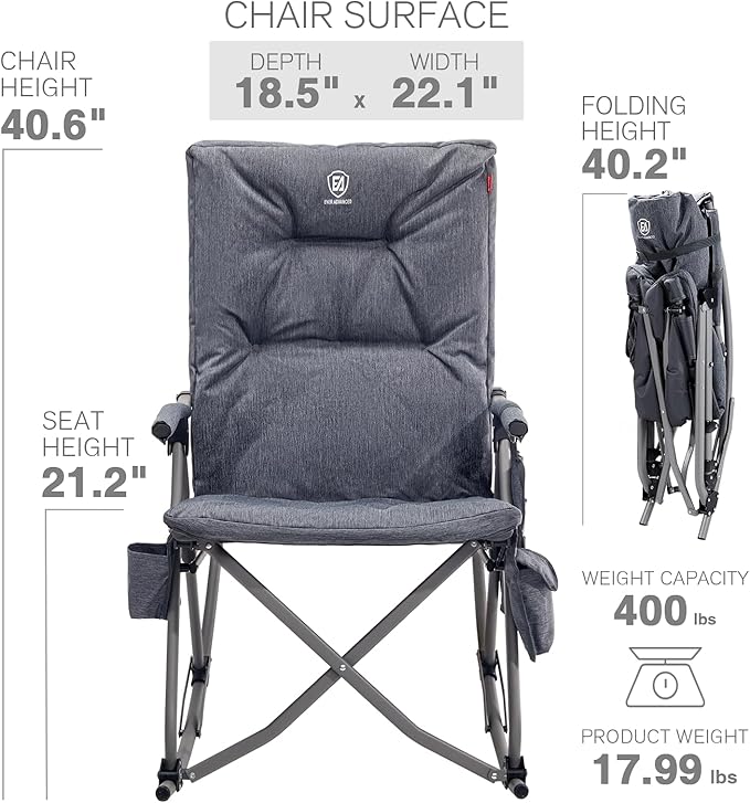 EVER ADVANCED Heated Oversized Folding Rocking Camping Chair, Heating Padded Portable Rocker Chair for Patio, Lawn and Outdoors, Heavy Duty Hard Armchair for Adults Supports 400lbs, Grey