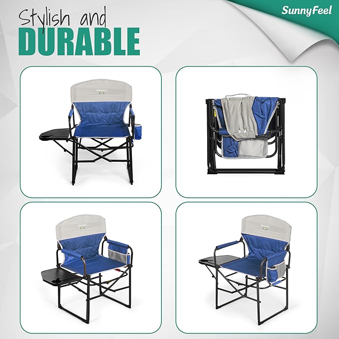 SUNNYFEEL Oversized Camping Directors Chair, Portable Folding Lawn Chairs for Adults Heavy Duty with Side Table,Pocket for Beach, Fishing,Picnic,Concert,Tailgating, Outdoor Foldable Camp Chair