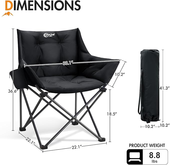 Portal Oversized Padded Camping Chair - Heavy Duty Folding Chair with Cup Holder & Side Pocket, Supports 330 lbs, for Camping, Lawn, Sports, Black