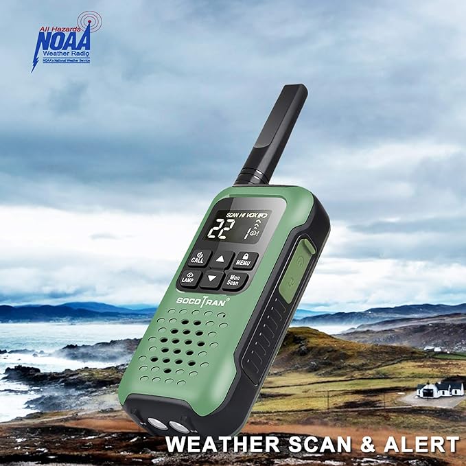 Rechargeable Walkie Talkies Two Way Radio IP67 Waterproof Long Range 5 Miles Two Way Radios Floating Flashlight & SOS Emergency Lamp, NOAA Weather Alert Walkie-Talkie Green