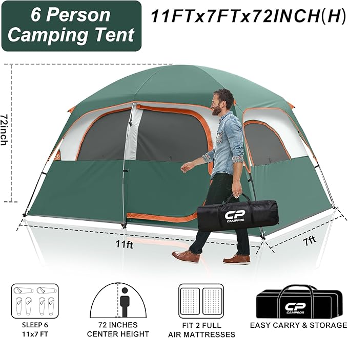 CAMPROS CP Tent 6/8 Person Camping Tents, Waterproof Windproof Family Dome Tent with Top Rainfly, Large Mesh Windows, Double Layer, Easy Set Up, Portable with Carry Bag, for All Seasons