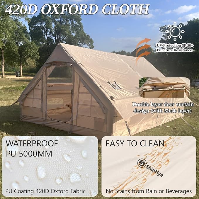 Inflatable Tent for Camping Large Blow Up Tents Glamping 4-8 Person House 4 Season Air with Pump Easy Set up Waterproof Outdoor Oxford